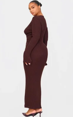 Plus Chocolate Ribbed Keyhole Knitted Midaxi Dress