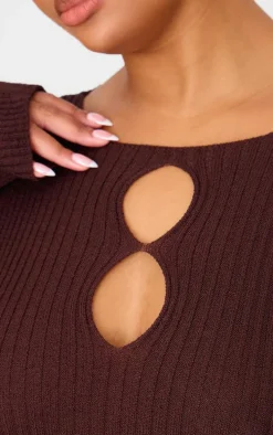 Plus Chocolate Ribbed Keyhole Knitted Midaxi Dress