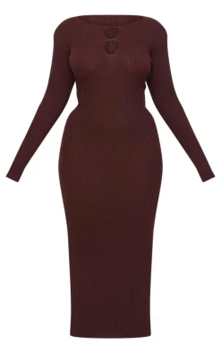 Plus Chocolate Ribbed Keyhole Knitted Midaxi Dress
