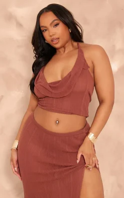 Plus Chocolate Sheer Ribbed Knit Cowl Neck Halterneck Top