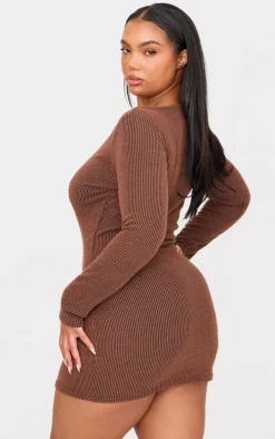 Plus Chocolate Slash Neck Long Sleeve Ribbed Mini Dress