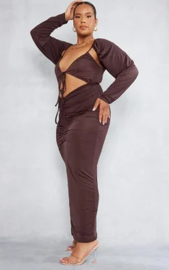 Plus Chocolate Slinky Cut Out Ruched Maxi Dress