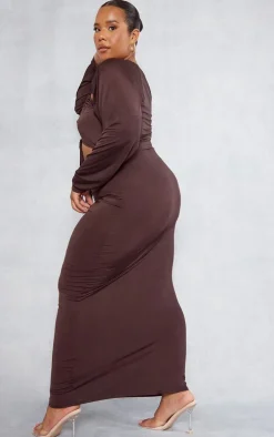 Plus Chocolate Slinky Cut Out Ruched Maxi Dress