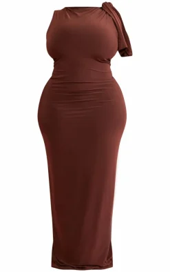 Plus Chocolate Slinky Knot Drape Midaxi Dress