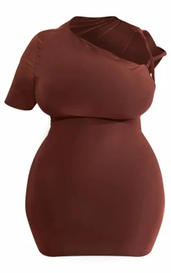 Plus Chocolate Slinky Twist Shoulder Bodycon Dress