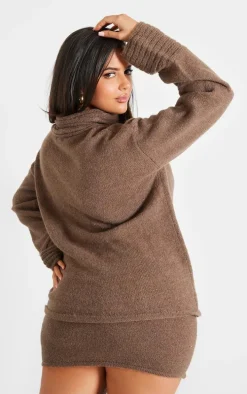 Plus Chocolate Textured Knit Roll Neck Oversized Sweater