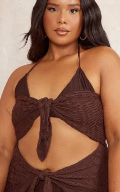 Plus Chocolate Textured Tie Front Mid Beach Dress