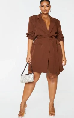 Plus Chocolate Tie Waist Blazer Dress