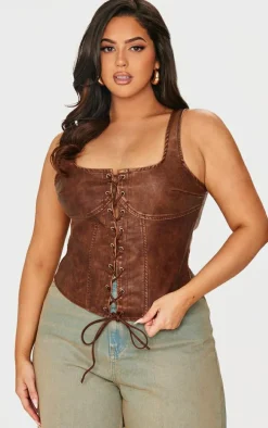 Plus Chocolate Washed Faux Leather Lace Up Corset Top