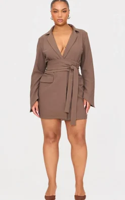 Plus Chocolate Woven Belted Blazer Dress