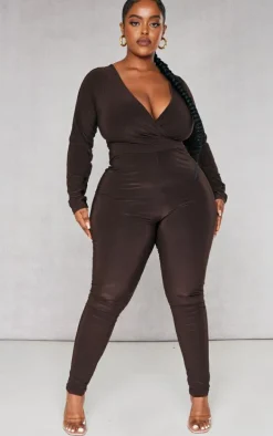 Plus Chocolate Wrap Front Longsleeve Catsuit