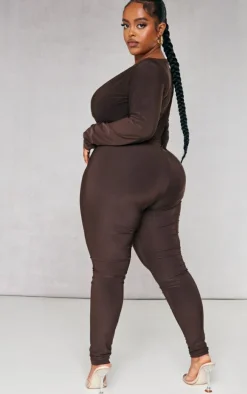 Plus Chocolate Wrap Front Longsleeve Catsuit