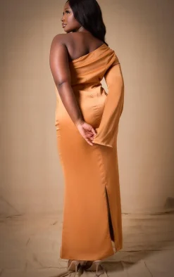Plus Copper Bridesmaid Satin One Shoulder Flared Sleeve Maxi Dress