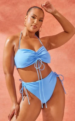 Plus Cornflower Blue Ruched Side High Waist Bikini Bottoms