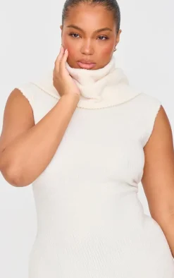 Plus Cream Brushed Rib Roll Neck Maxi Dress