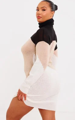 Plus Cream Color Block Knitted Midi Dress