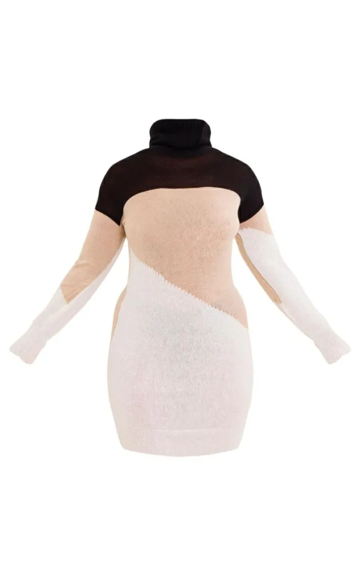 Plus Cream Color Block Knitted Midi Dress