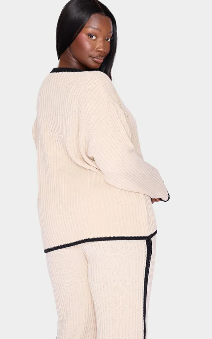 Plus Cream Contrast Stitch V Neck Sweater