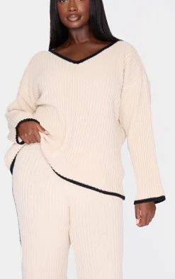 Plus Cream Contrast Stitch V Neck Sweater