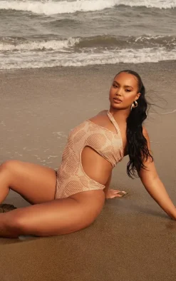 Plus Cream Contrast Textured Rib Asymmetric Cut Out Swimsuit