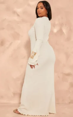 Plus Cream Crinkle Textured Lettuce Hem Long Sleeve Maxi Dress