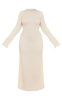 Plus Cream Crinkle Textured Lettuce Hem Long Sleeve Maxi Dress