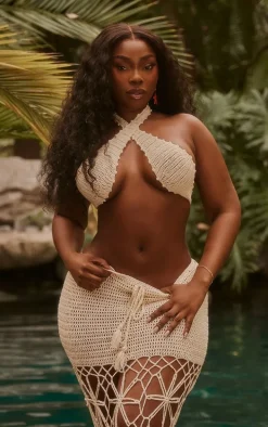 Plus Cream Crochet Bandeau Tie Front Beach Top