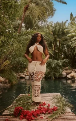 Plus Cream Crochet Bandeau Tie Front Beach Top