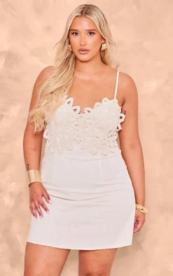 Plus Cream Crochet Bust Detail Linen Look Bodycon Dress