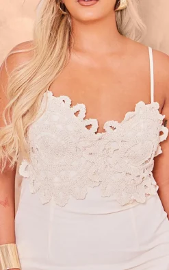 Plus Cream Crochet Bust Detail Linen Look Bodycon Dress