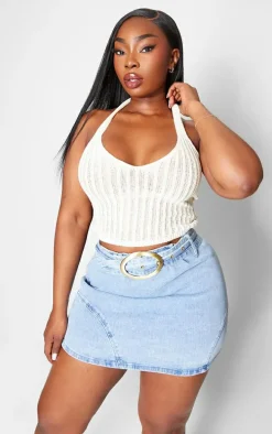 Plus Cream Crochet Halter Neck Crop Top