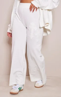 Plus Cream Cross Applique Detail Oversized Wide Leg Sweatpants