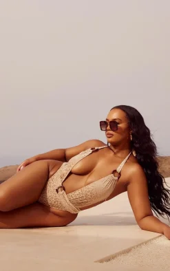 Plus Cream Devore Plunge O Ring Swimsuit