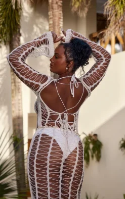 Plus Cream Distressed Knitted Maxi Beach Dress