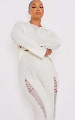 Plus Cream Distressed Knitted Leggings
