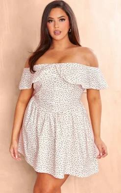 Plus Cream Ditsy Floral Bardot Fitted Skater Dress