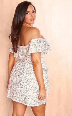 Plus Cream Ditsy Floral Bardot Fitted Skater Dress