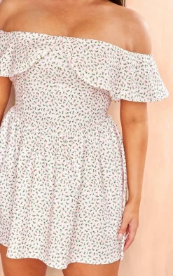 Plus Cream Ditsy Floral Bardot Fitted Skater Dress