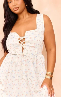 Plus Cream Ditsy Floral Lace Up Front Corset Skater Dress