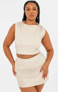 Plus Cream Faux Leather Ruched Shoulder Detail Crop Top