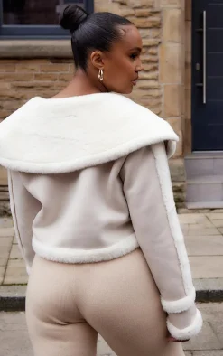 Plus Cream Faux Suede Crop Faux Fur Lined Aviator