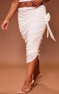 Plus Cream Floral Devore Ruched Maxi Skirt