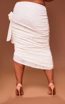 Plus Cream Floral Devore Ruched Maxi Skirt