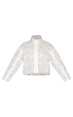 Plus Cream Floral Print Pocket Detail Quilted Jacket