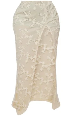 Plus Cream Floral Textured Thigh High Split Maxi Skirt