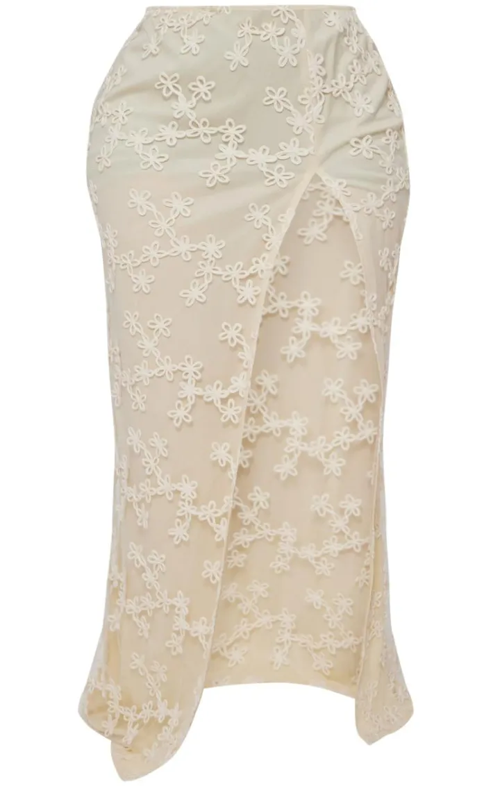 Plus Cream Floral Textured Thigh High Split Maxi Skirt