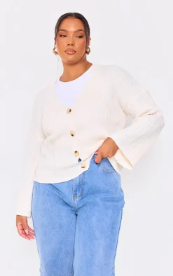 Plus Cream Knit Rib Button Cardigan