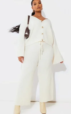 Plus Cream Knit Rib Wide Leg Pants