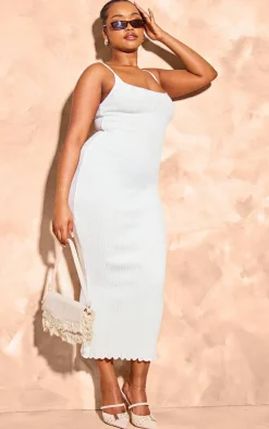 Plus Cream Knitted Ribbed Edge Detail Midi Dress