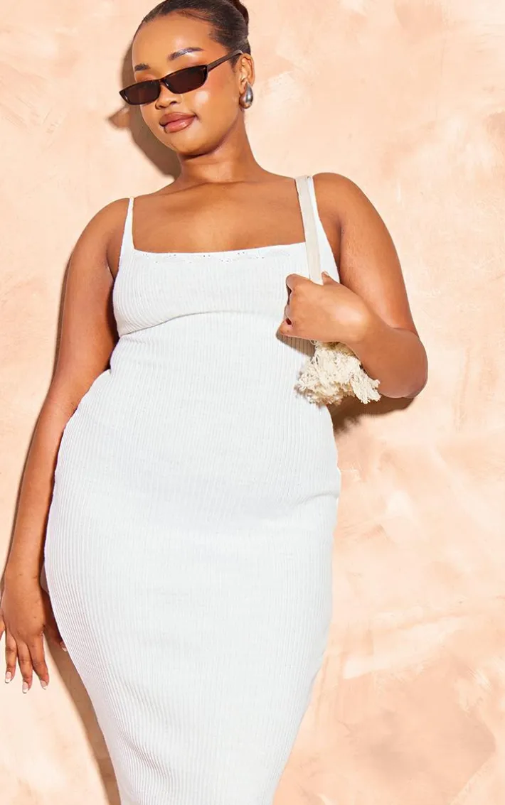Plus Cream Knitted Ribbed Edge Detail Midi Dress